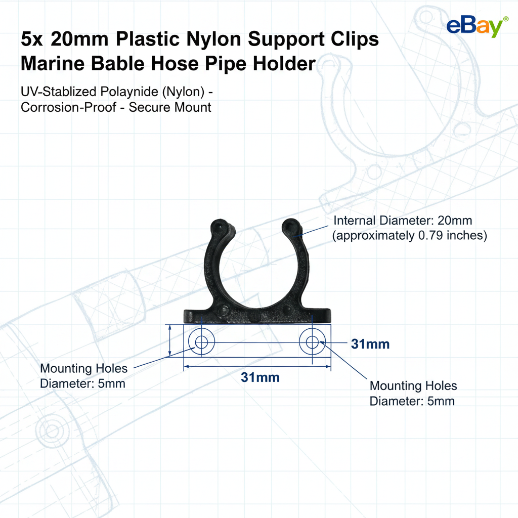 5x 15mm Plastic Nylon Support Clips - Marine Boat Hook & Pipe Storage Holder - Technical specification image 4