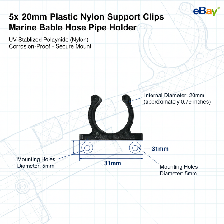 5x 15mm Plastic Nylon Support Clips - Marine Boat Hook & Pipe Storage Holder - Technical specification image 4