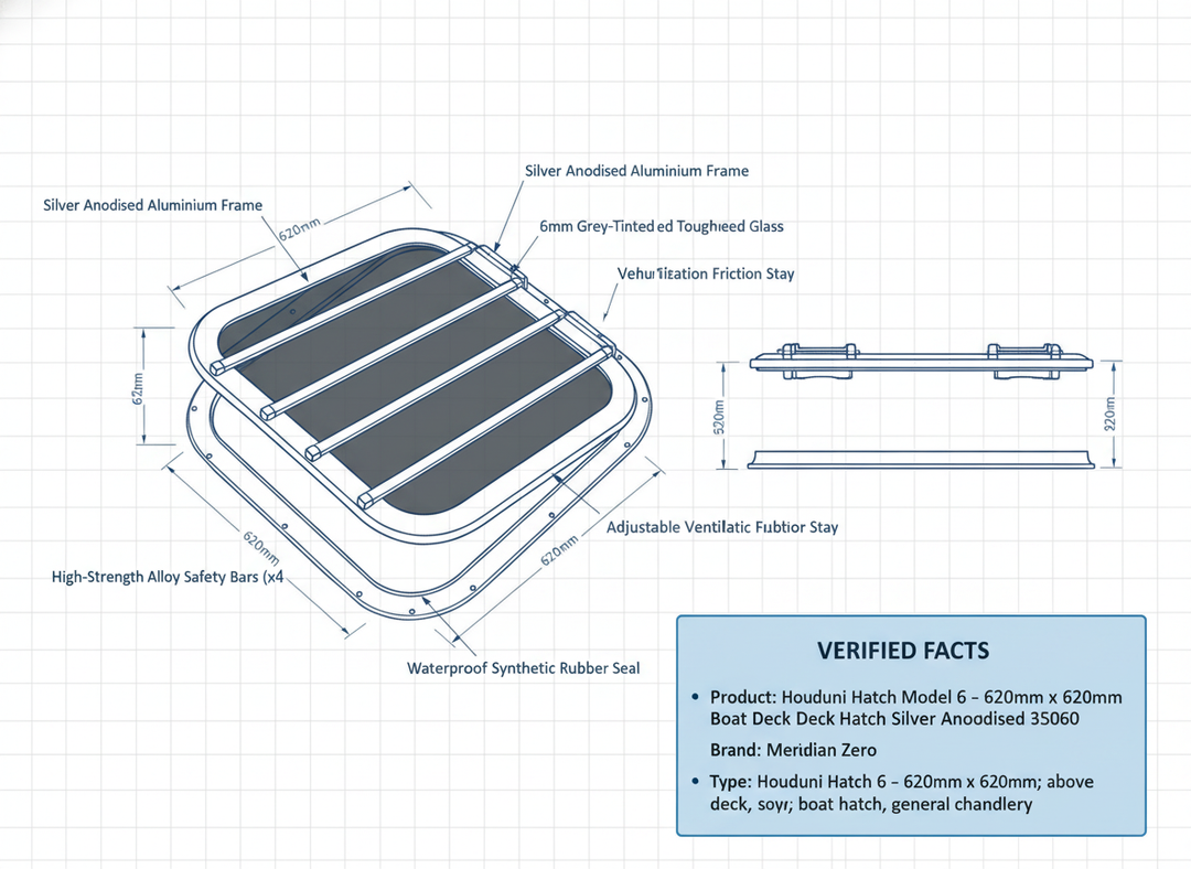 Houdini Hatch Model 6 - 620mm x 620mm Boat Deck Hatch Silver Anodised 35060 - Technical specification image 2