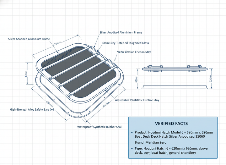 Houdini Hatch Model 6 - 620mm x 620mm Boat Deck Hatch Silver Anodised 35060 - Technical specification image 2