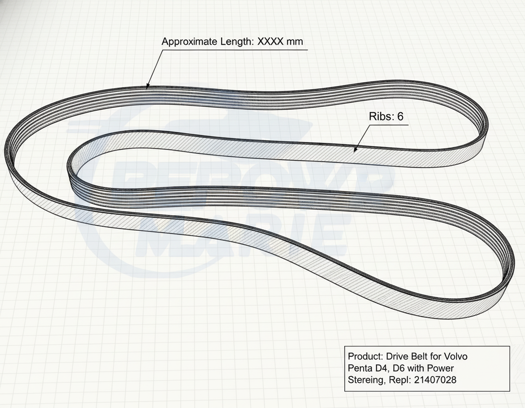 Drive Belt for Volvo Penta D4, D6 with Power Steering, Repl: 21407028 - Technical specification image 3