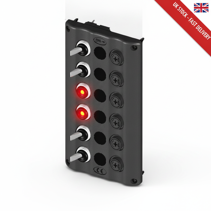 BlueFusion 6 Gang 12V Marine Toggle Switch Panel IP65 Waterproof Glow Red LED - UK Stock image 1