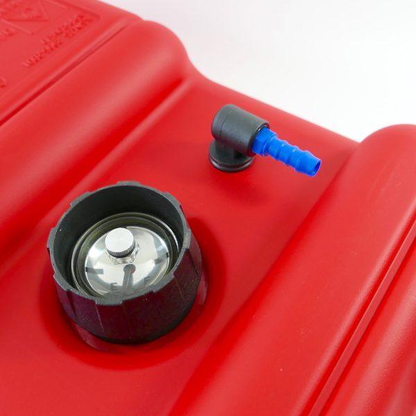 MidMarine red fuel tank with secure cap and auxiliary fitting for easy liquid transfer