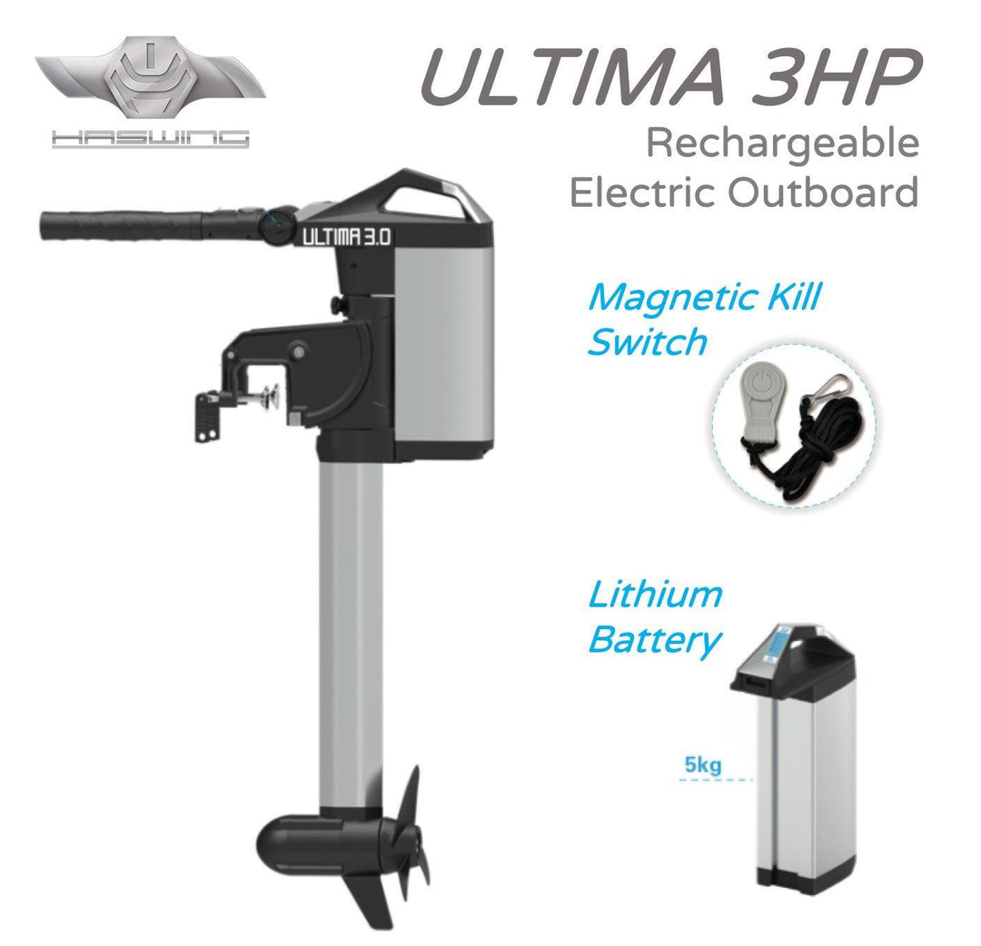 HASWING Ultima 3HP Electric Outboard, with Integrated Lithium Battery, 70cm shaft - 4Boats