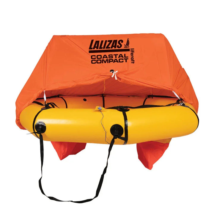 Orange Lalizas Coastal Compact life raft on a white background
