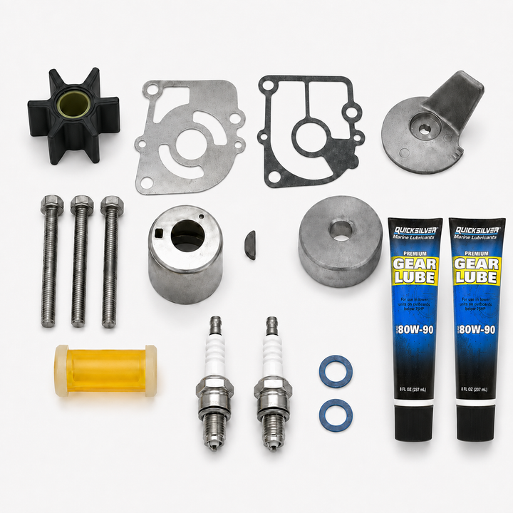 Mercury Mariner 15HP 2-stroke complete service kit with two Quicksilver Premium Gear Lube 80W-90 237ml tubes