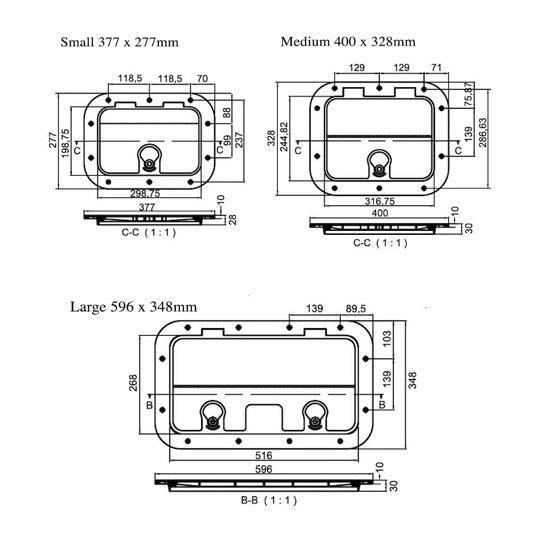 MidMarine premium deck inspection hatch dimensions showing small, medium, and large sizes for marine applications