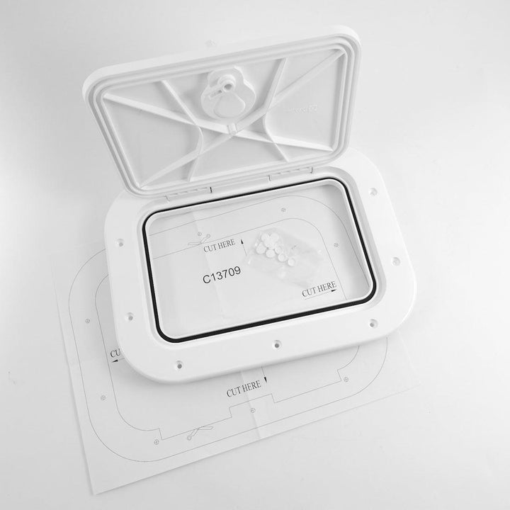 MidMarine premium deck inspection hatch with an open lid and cutting template for easy installation