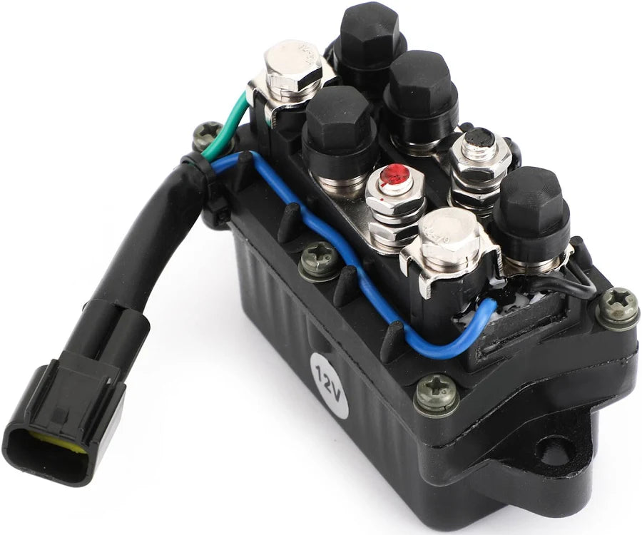Angled view of Recmar power trim and tilt relay 63P-81950-00 with terminal posts, wiring and plug