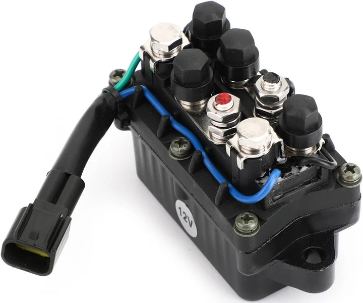 Angled view of Recmar power trim and tilt relay 63P-81950-00 with terminal posts, wiring and plug