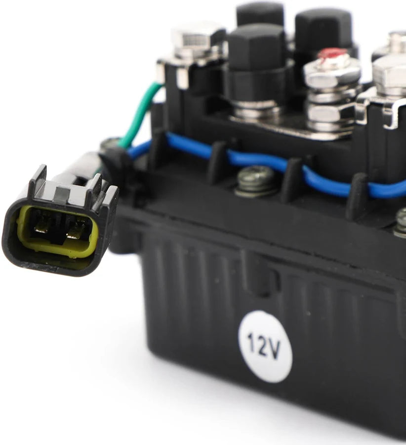 Close-up of Recmar power trim and tilt relay 63P-81950-00 showing 12V marking and wiring connector
