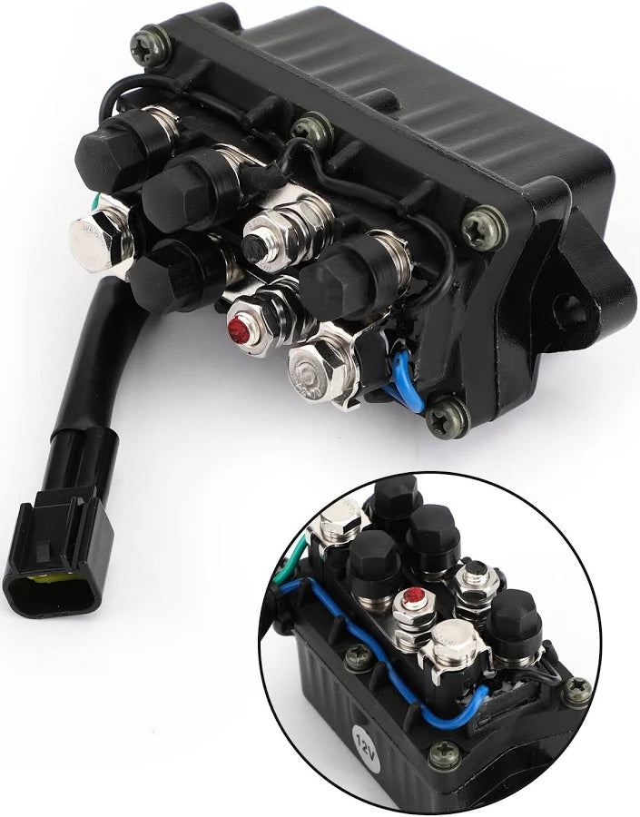 Recmar power trim and tilt relay 63P-81950-00 with close-up of terminal posts and blue wiring
