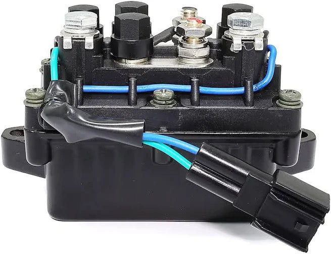 Front view of Recmar power trim and tilt relay 63P-81950-00 with blue wiring and plug connector