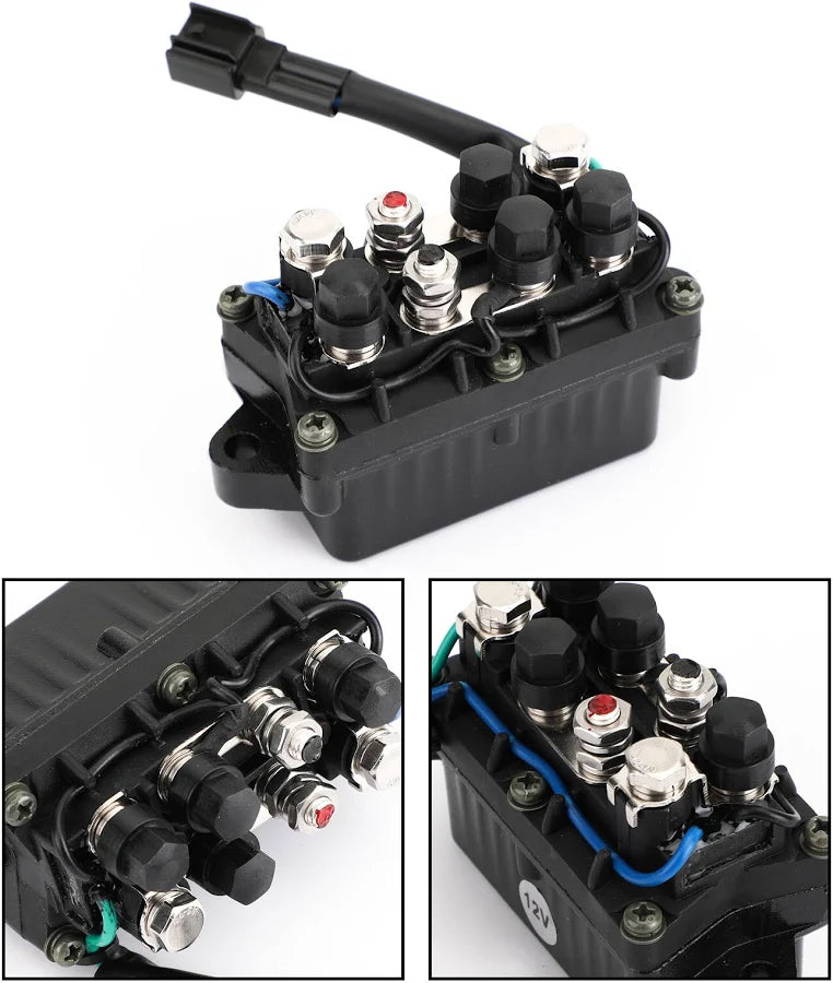 Recmar power trim and tilt relay 63P-81950-00 shown from three angles with connector lead and terminals