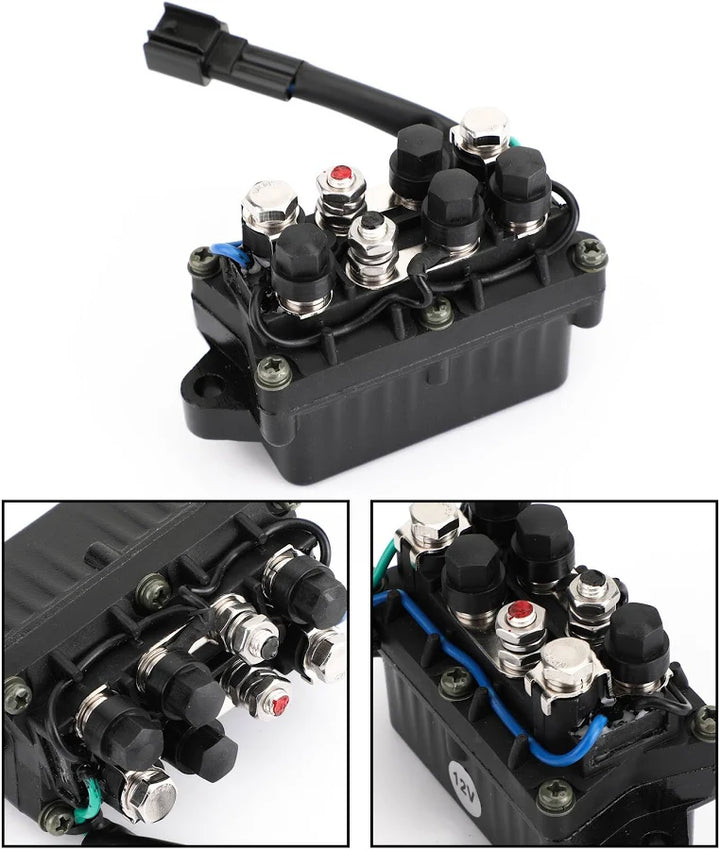 Recmar power trim and tilt relay 63P-81950-00 shown from three angles with connector lead and terminals