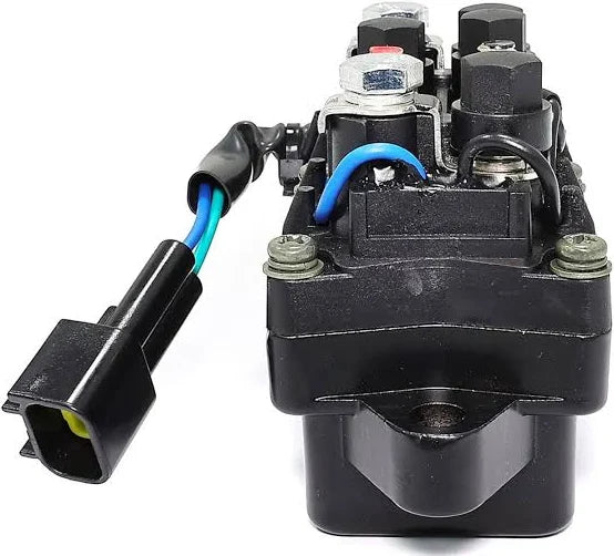 Recmar power trim and tilt relay 63P-81950-00 side angle with blue wire lead and waterproof connector