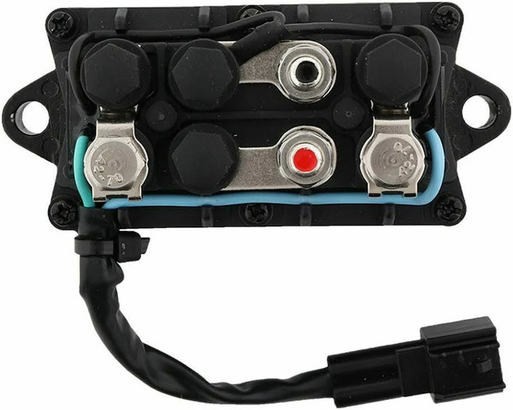 Top-down view of Recmar power trim and tilt relay 63P-81950-00 terminals with lead and plug connector