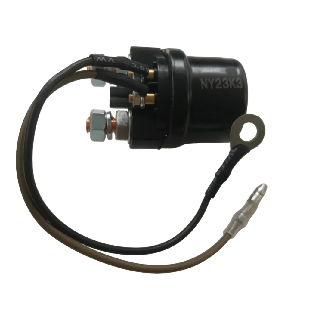 A black electrical contactor or relay component with attached wires, terminal rings, and metal connectors, photographed on a plain light background.