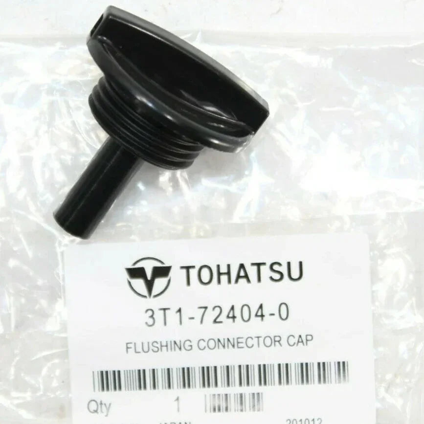 Black flushing connector cap with Tohatsu label on a white background