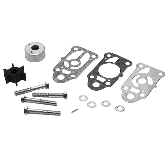 A set of engine gasket and pulley kit parts laid out on a white background, including metal gaskets, bolts, washers, a black pulley, and a silver cylindrical component.