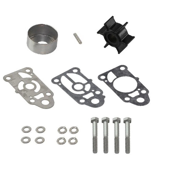 A set of metal and rubber engine gasket components laid out on a white background, including two black rubber mounts, three silver metal gaskets, four silver bolts, four silver washers, and one small silver screw.