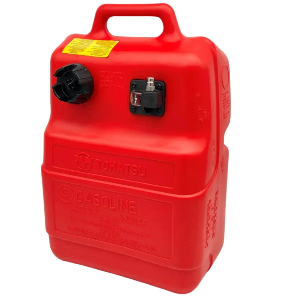 Red gasoline container with a handle on a white background