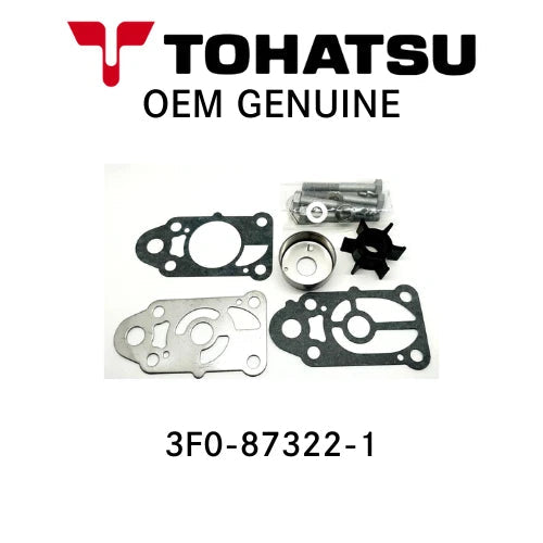 Tohatsu OEM Genuine engine gasket kit, part number 3F0-87322-1, containing black and silver gaskets, a metal ring, a black impeller, and mounting hardware, displayed on a white background with Tohatsu branding.