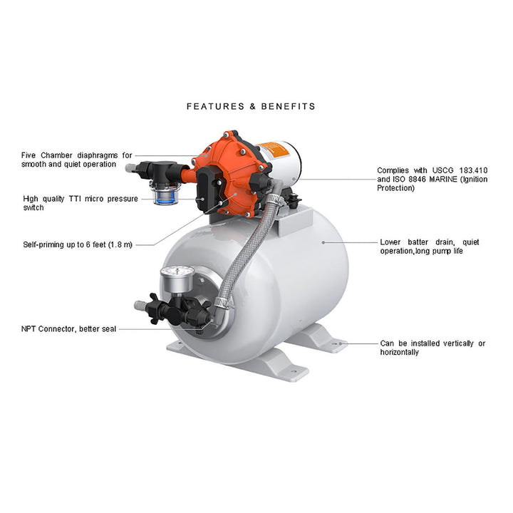 SEAFLO Pressure System Luxury Pump Accumulator Pressure Boost System 12V 4.0 gpm 60 psi 8L Tank - 4Boats