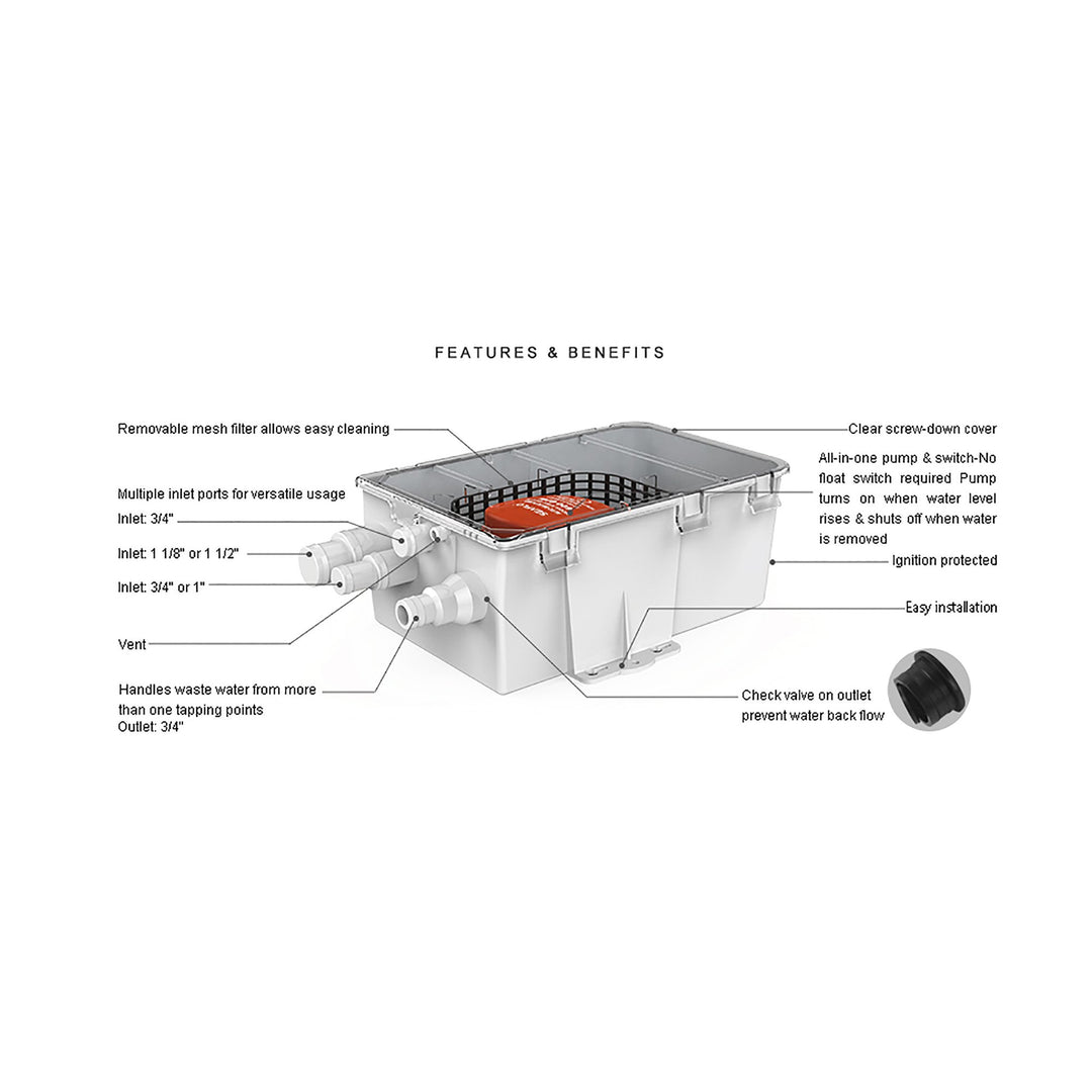 SEAFLO Shower Sump 07 Series Shower Sump Pump Sytem 24V 600 gph - 4Boats