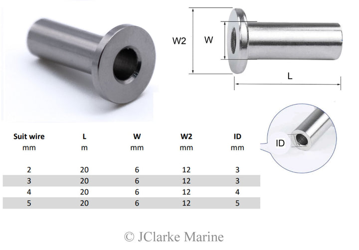 Stainless steel wire rope protection sleeves for wooden posts 316 A4 marine grade - 4Boats