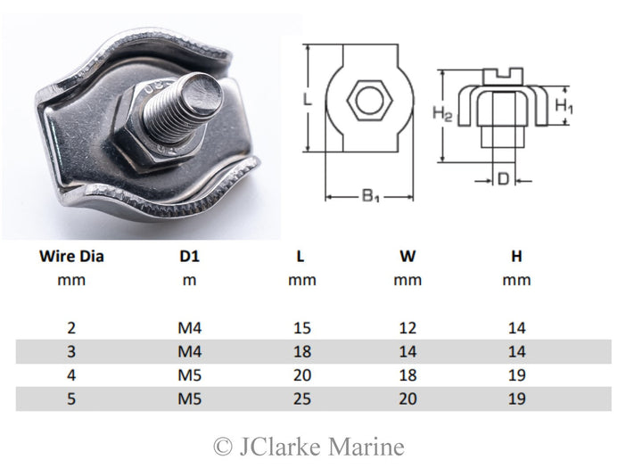 Stainless Steel wire rope simplex clamps / grips 316 A4 marine grade - 4Boats