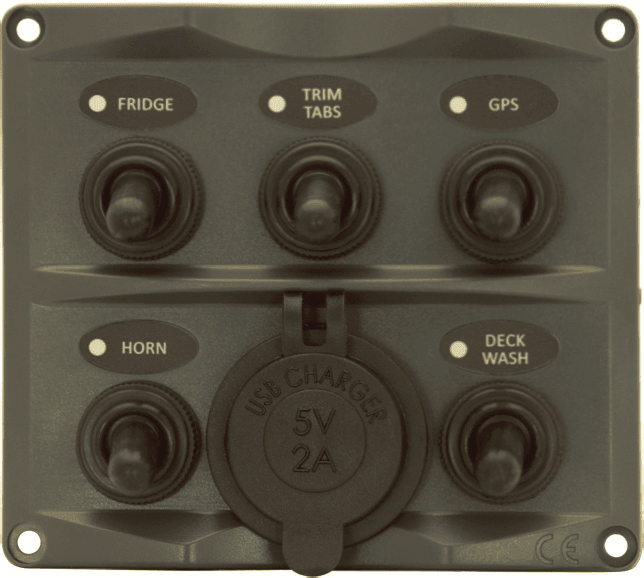 5P IP66 ABS Toggle Switch Panel (Dark grey) USB charger - 4Boats