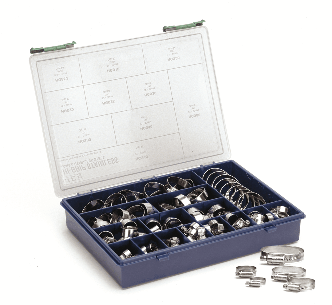 Hi-Grip SS Assorted Workshop Box Kit +76 mixed Hose Clips (12mm-50mm sizes) - 4Boats