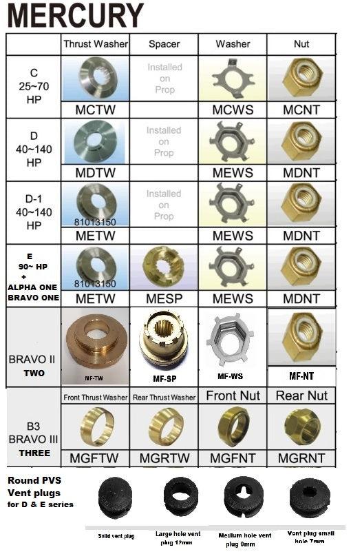 Mercury Mariner & Mercruiser Propeller nuts spacers and thrust washers and vent plugs - 4Boats