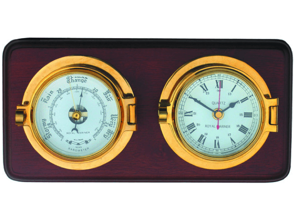 Meridian Zero Channel Range Brass Clock and Barometer mounted on a Wooden Board - 4Boats