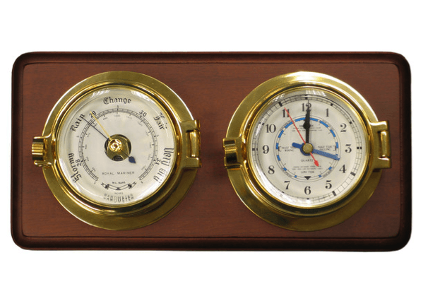 Meridian Zero Channel Range Brass Tide Clock and Barometer mounted on a Wooden Board - In Stock - 4Boats